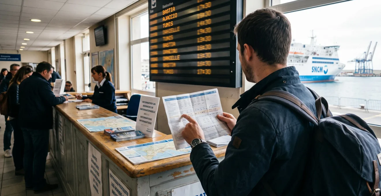 Un voyageur compare les horaires de traversées sur un panneau d'affichage dans un terminal maritime.